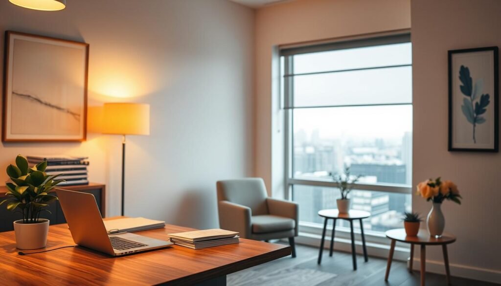 A cozy, modern office interior with warm lighting and a minimalist aesthetic. In the foreground, a wooden desk with a laptop, a potted plant, and a stack of neatly organized folders. In the middle ground, a comfortable armchair and a side table with a vase of fresh flowers. The background features a large window overlooking a cityscape, with soft, diffused daylight filtering in. The walls are adorned with simple, abstract artwork, creating a calming and professional atmosphere. The overall scene conveys a sense of trust, expertise, and personalized care, suitable for a marriage counseling service. A cozy, modern office interior with warm lighting and a minimalist aesthetic. In the foreground, a wooden desk with a laptop, a potted plant, and a stack of neatly organized folders. In the middle ground, a comfortable armchair and a side table with a vase of fresh flowers. The background features a large window overlooking a cityscape, with soft, diffused daylight filtering in. The walls are adorned with simple, abstract artwork, creating a calming and professional atmosphere. The overall scene conveys a sense of trust, expertise, and personalized care, suitable for a marriage counseling service.