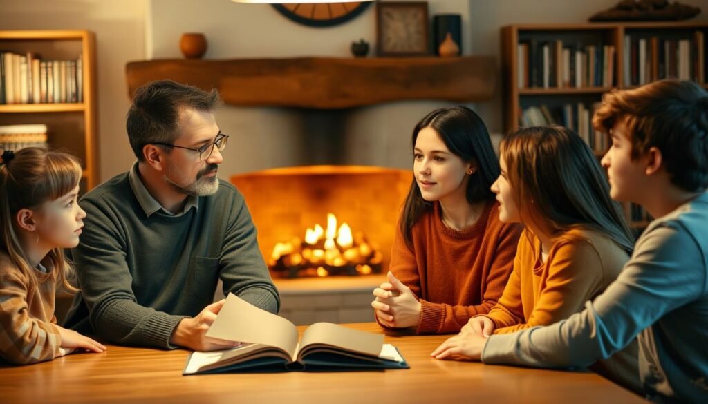 A warm, inviting scene of a family gathered around a table, discussing their future plans and values. In the foreground, a couple sits side by side, their hands clasped as they talk earnestly. Their teenage children listen intently, displaying a mix of curiosity and attentiveness. The background is softly lit, with a cozy fireplace casting a gentle glow and bookshelves lining the walls, suggesting an atmosphere of intellectual and emotional depth. The overall mood is one of deep connection, care, and a shared commitment to shaping a meaningful future together. A warm, inviting scene of a family gathered around a table, discussing their future plans and values. In the foreground, a couple sits side by side, their hands clasped as they talk earnestly. Their teenage children listen intently, displaying a mix of curiosity and attentiveness. The background is softly lit, with a cozy fireplace casting a gentle glow and bookshelves lining the walls, suggesting an atmosphere of intellectual and emotional depth. The overall mood is one of deep connection, care, and a shared commitment to shaping a meaningful future together.
