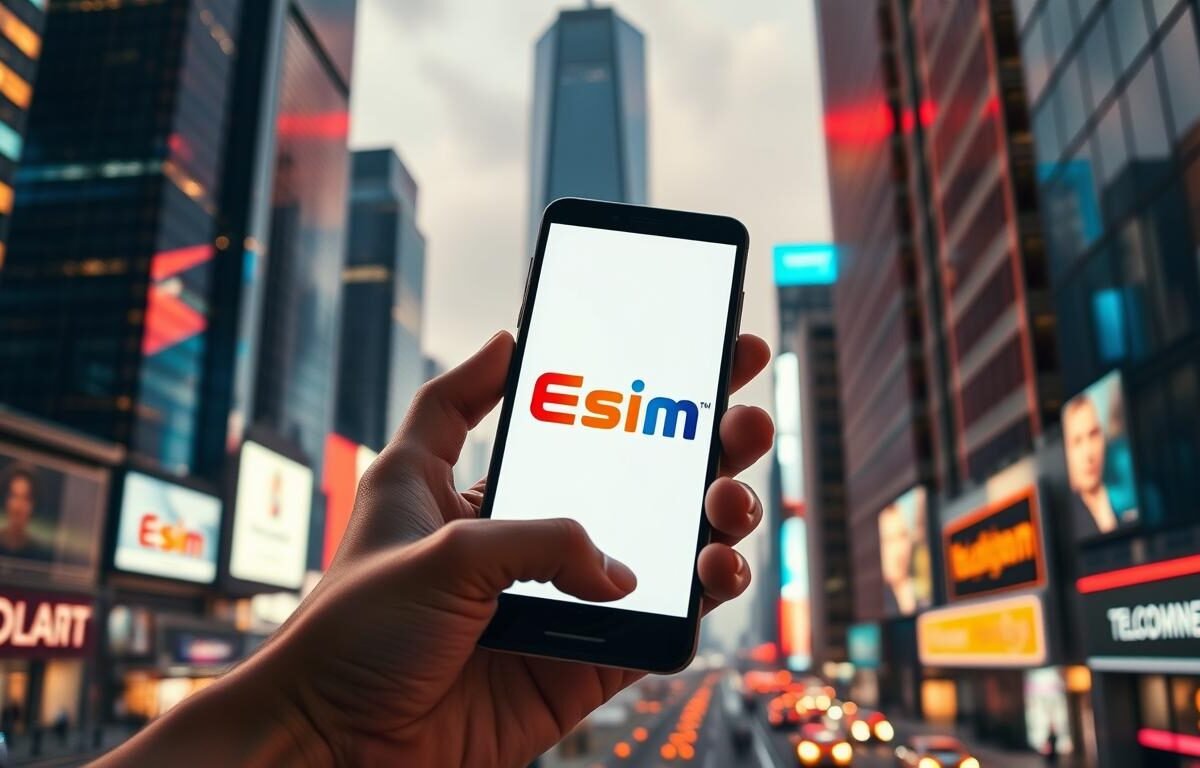 A bustling cityscape with towering skyscrapers and a vibrant, neon-lit atmosphere. In the foreground, a person holds a smartphone, the Telecombrother logo prominently displayed on the screen. The image showcases the convenience of the ESim service, streamlining mobile connectivity in the heart of the city. Soft, warm lighting illuminates the scene, creating a sense of modernity and efficiency. The composition emphasizes the integration of technology into daily urban life, capturing the essence of the "ESim service: Convenience or Inconvenience?" section of the article.