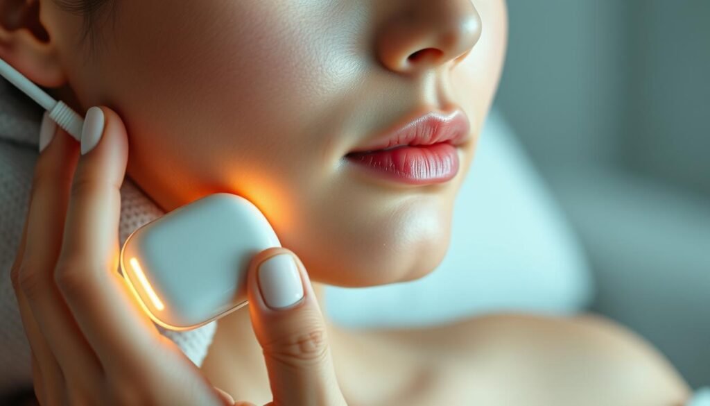 A close-up image of a person's face and upper body, showcasing the Glowin Beaute Oligio X original bioelectric wave treatment device gently placed on their cheek. The lighting is soft and diffused, creating a calming, therapeutic atmosphere. The subject's expression is serene, with a slight hint of the device's gentle warmth on their skin. The background is blurred, drawing the viewer's attention to the central treatment area. The image captures the technology's precision and the soothing experience of the Oligio X bioelectric wave therapy for suitable skin types. A close-up image of a person's face and upper body, showcasing the Glowin Beaute Oligio X original bioelectric wave treatment device gently placed on their cheek. The lighting is soft and diffused, creating a calming, therapeutic atmosphere. The subject's expression is serene, with a slight hint of the device's gentle warmth on their skin. The background is blurred, drawing the viewer's attention to the central treatment area. The image captures the technology's precision and the soothing experience of the Oligio X bioelectric wave therapy for suitable skin types.