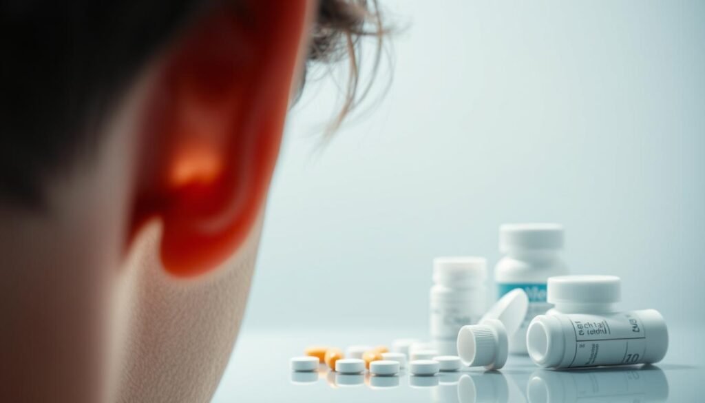 A close-up view of a person's ear with a gentle glow from a soft, directional light source. The ear canal appears slightly inflamed, with a subtle imbalance in fluid levels. In the middle ground, a selection of medications, including pills and ointments, are neatly arranged, suggesting various treatment options. The background is blurred, but hints at a serene, medical environment, conveying a sense of professionalism and focus on finding a resolution to the condition. The overall mood is one of attentive, medical examination and thoughtful consideration of the appropriate therapeutic approach. A close-up view of a person's ear with a gentle glow from a soft, directional light source. The ear canal appears slightly inflamed, with a subtle imbalance in fluid levels. In the middle ground, a selection of medications, including pills and ointments, are neatly arranged, suggesting various treatment options. The background is blurred, but hints at a serene, medical environment, conveying a sense of professionalism and focus on finding a resolution to the condition. The overall mood is one of attentive, medical examination and thoughtful consideration of the appropriate therapeutic approach.