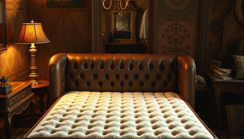 A cozy, antique-styled bedroom scene showcasing an early prototype of the "StylesMaven" orthopedic mattress. Soft, tufted brown leather upholstery in a classic Chesterfield style frames a central focus on the intricate quilting and stitching details of the mattress surface. Warm, golden lighting from a vintage brass floor lamp illuminates the scene, casting a comforting glow. The room is adorned with vintage furnishings, including a wooden night table, an ornate vanity mirror, and a faded Persian rug, all of which contribute to an atmosphere of timeless elegance and comfort, reflecting the early developmental stages of this iconic "護脊床褥" design. A cozy, antique-styled bedroom scene showcasing an early prototype of the "StylesMaven" orthopedic mattress. Soft, tufted brown leather upholstery in a classic Chesterfield style frames a central focus on the intricate quilting and stitching details of the mattress surface. Warm, golden lighting from a vintage brass floor lamp illuminates the scene, casting a comforting glow. The room is adorned with vintage furnishings, including a wooden night table, an ornate vanity mirror, and a faded Persian rug, all of which contribute to an atmosphere of timeless elegance and comfort, reflecting the early developmental stages of this iconic "護脊床褥" design.
