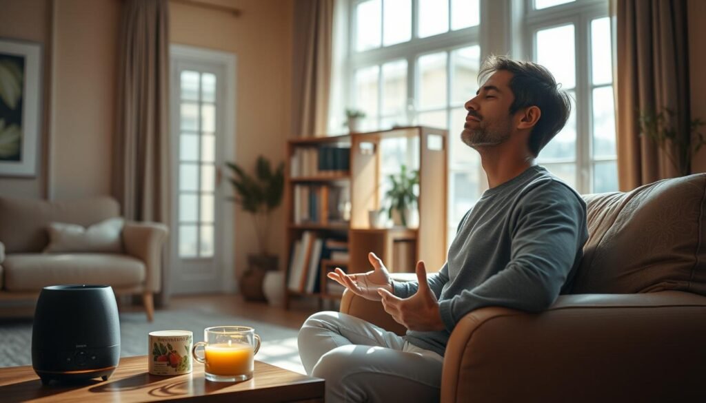 A cozy living room scene with natural lighting streaming through large windows. In the foreground, a person sits comfortably on a plush armchair, eyes closed, practicing a mindfulness exercise like deep breathing or meditation. Surrounding them are various self-care items - a scented candle, a cup of herbal tea, and a small sound machine emitting soothing nature sounds to alleviate the effects of tinnitus. In the middle ground, a bookshelf filled with wellness-focused literature stands as a symbol of the person's journey to find effective, holistic solutions for their ear ringing. The background features warm, muted tones, creating a serene, calming atmosphere conducive to relaxation and inner peace. A cozy living room scene with natural lighting streaming through large windows. In the foreground, a person sits comfortably on a plush armchair, eyes closed, practicing a mindfulness exercise like deep breathing or meditation. Surrounding them are various self-care items - a scented candle, a cup of herbal tea, and a small sound machine emitting soothing nature sounds to alleviate the effects of tinnitus. In the middle ground, a bookshelf filled with wellness-focused literature stands as a symbol of the person's journey to find effective, holistic solutions for their ear ringing. The background features warm, muted tones, creating a serene, calming atmosphere conducive to relaxation and inner peace.