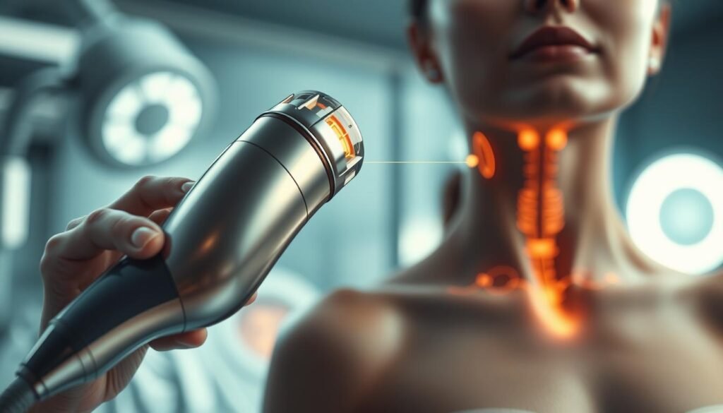 A detailed image showcasing the various application areas and effects of the Glowin' Beaute Oligio X aesthetic radio wave device. In the foreground, a close-up view of the device's ergonomic hand-held applicator, its sleek metallic surface reflecting the dynamic lighting. The middle ground reveals the key treatment zones - face, neck, and décolletage - highlighted with anatomical precision. In the background, a softly-lit, clean medical environment suggests the professional, clinical setting. The overall mood is one of scientific precision and technological sophistication, conveying the device's advanced capabilities and safety. A detailed image showcasing the various application areas and effects of the Glowin' Beaute Oligio X aesthetic radio wave device. In the foreground, a close-up view of the device's ergonomic hand-held applicator, its sleek metallic surface reflecting the dynamic lighting. The middle ground reveals the key treatment zones - face, neck, and décolletage - highlighted with anatomical precision. In the background, a softly-lit, clean medical environment suggests the professional, clinical setting. The overall mood is one of scientific precision and technological sophistication, conveying the device's advanced capabilities and safety.