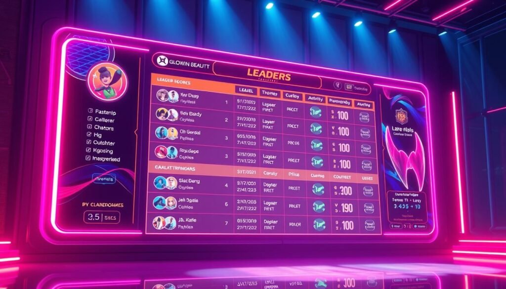 A dynamic and visually captivating leader board system for the Glowin Beaute entertainment hub, featuring an elegant design with a sleek, minimalist interface. The leaderboard showcases top-performing players in various competitive activities, their scores and achievements displayed in a striking neon-infused color palette that captures the vibrant energy of the Glowin Beaute gaming experience. Strategically positioned lighting casts a warm glow, highlighting the crisp, high-resolution graphics and creating a sense of depth and dimension. The overall composition conveys a futuristic, tech-savvy aesthetic that aligns with the innovative spirit of the Glowin Beaute brand. A dynamic and visually captivating leader board system for the Glowin Beaute entertainment hub, featuring an elegant design with a sleek, minimalist interface. The leaderboard showcases top-performing players in various competitive activities, their scores and achievements displayed in a striking neon-infused color palette that captures the vibrant energy of the Glowin Beaute gaming experience. Strategically positioned lighting casts a warm glow, highlighting the crisp, high-resolution graphics and creating a sense of depth and dimension. The overall composition conveys a futuristic, tech-savvy aesthetic that aligns with the innovative spirit of the Glowin Beaute brand.