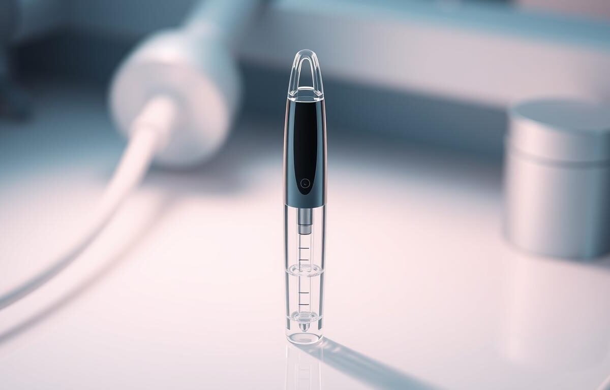 A high-quality, close-up shot of the Glowin' Beaute "Oligio X 原美電波" single-use probe, captured with a professional-grade camera. The probe is centered in the frame, showcasing its sleek, modern design and clear, medical-grade materials. Soft, directional lighting illuminates the device, creating a clean, clinical aesthetic. The background is blurred, keeping the focus solely on the Oligio X probe and its key features. The overall mood is one of precision, hygiene, and scientific innovation, reflecting the product's purpose of ensuring safe, hygienic healthcare practices.