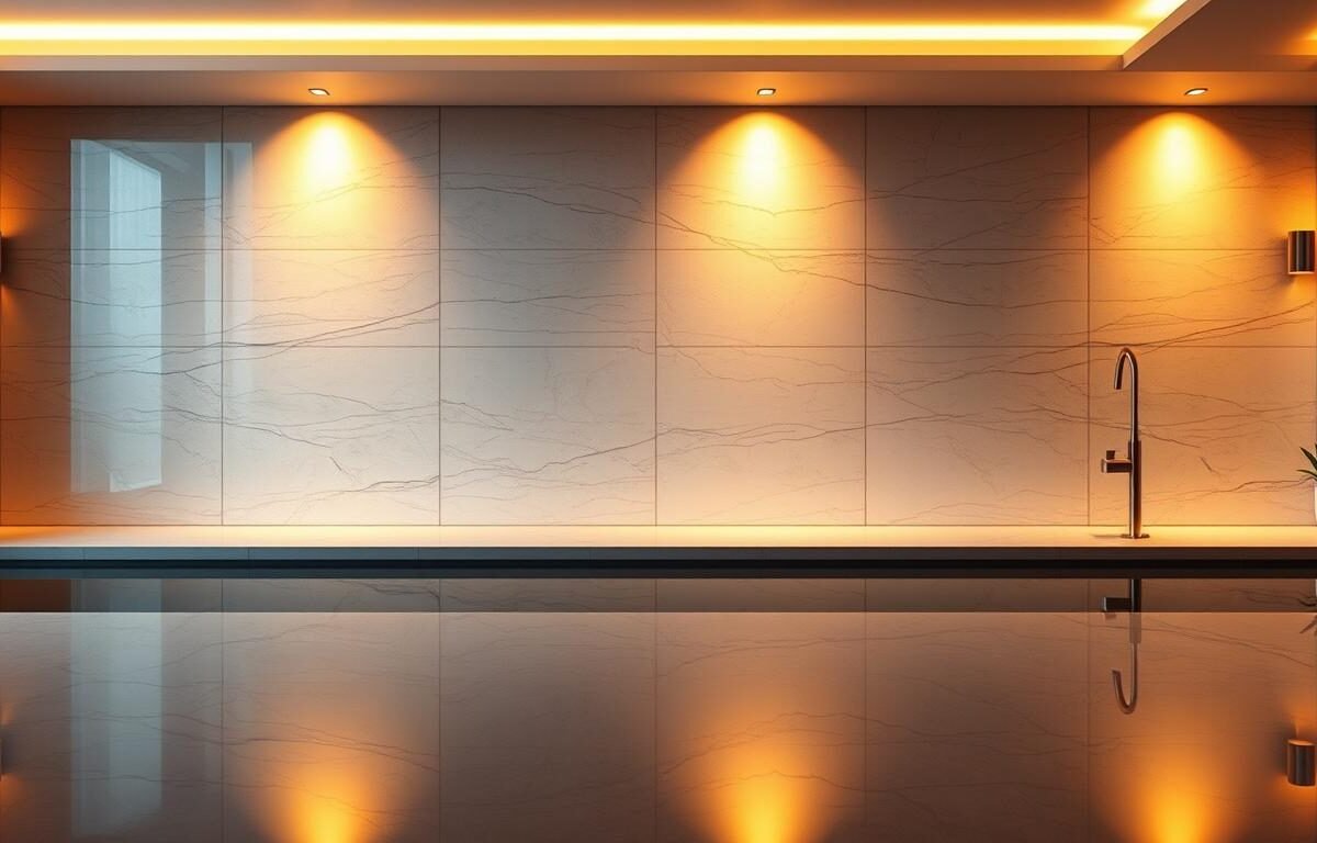 A luxurious and elegant washwall lighting installation, featuring the Aloha brand. The warm, amber-hued lighting casts a soft, inviting glow across the sleek, polished stone surface, creating a soothing and serene ambiance. The fixtures are strategically positioned to provide even, directional illumination, highlighting the architectural details and textures of the space. The understated, minimalist design seamlessly blends with the surrounding decor, creating a harmonious and visually striking display. Reflections dance across the smooth, glossy finish, adding depth and dimension to the scene. This meticulously designed washwall lighting setup serves as a stunning centerpiece, elevating the overall aesthetic and atmosphere of the room.