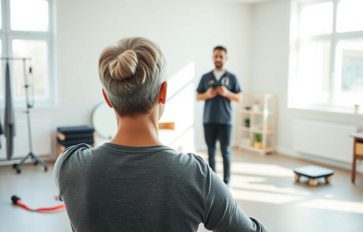 A serene physical therapy session in a sunlit, minimalist clinic. In the foreground, a person performs gentle neck and shoulder exercises under the watchful guidance of a physiotherapist. The middle ground showcases various rehabilitation tools and equipment, such as resistance bands, balance boards, and massage tools. The background features calming, neutral-toned decor, with large windows allowing natural light to flood the space, creating a tranquil and healing atmosphere. The scene conveys the focus, care, and expertise involved in effectively treating and managing tinnitus through a combination of physical therapy and rehabilitation training.