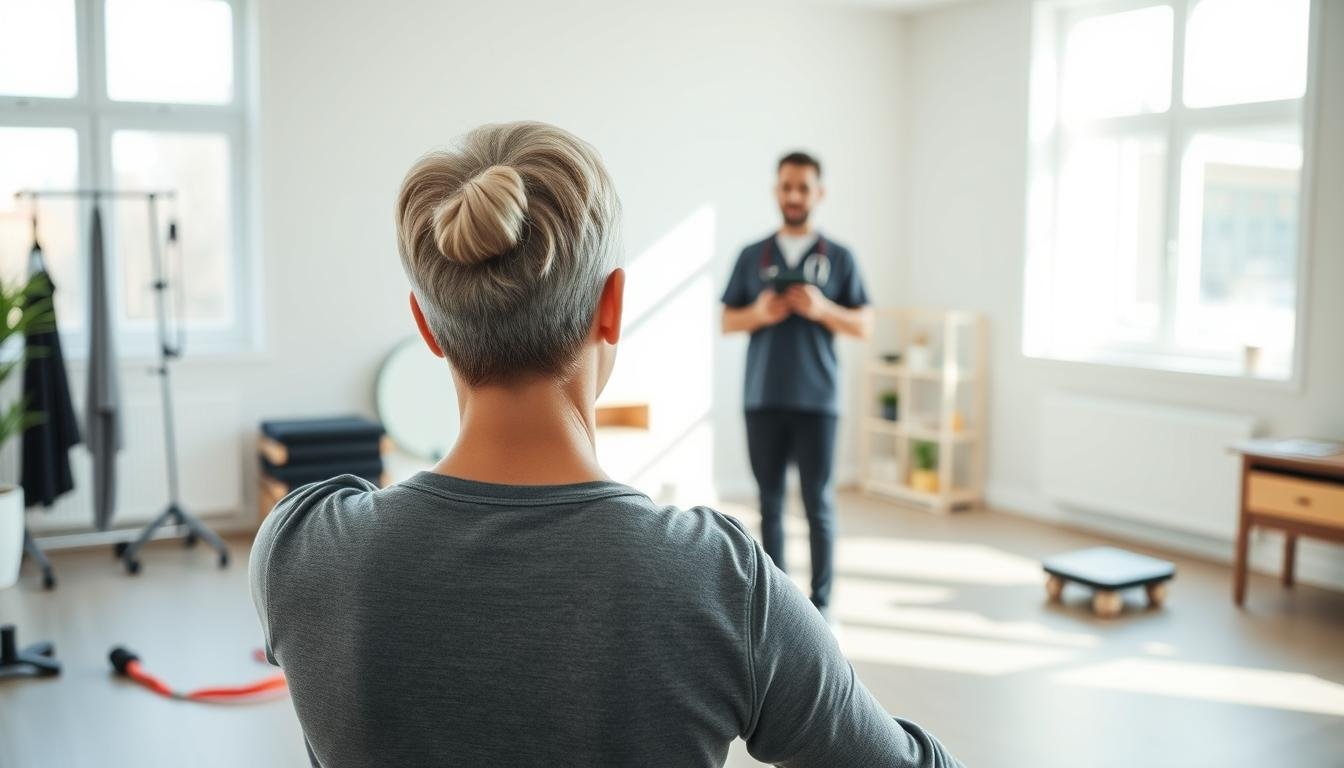 A serene physical therapy session in a sunlit, minimalist clinic. In the foreground, a person performs gentle neck and shoulder exercises under the watchful guidance of a physiotherapist. The middle ground showcases various rehabilitation tools and equipment, such as resistance bands, balance boards, and massage tools. The background features calming, neutral-toned decor, with large windows allowing natural light to flood the space, creating a tranquil and healing atmosphere. The scene conveys the focus, care, and expertise involved in effectively treating and managing tinnitus through a combination of physical therapy and rehabilitation training.