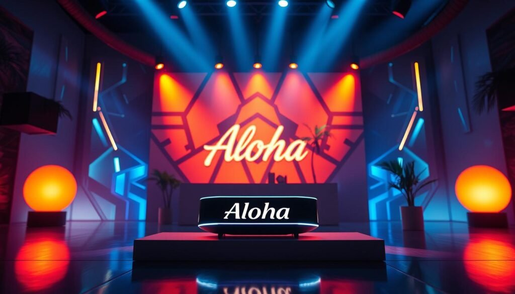 A vibrant and innovative advertisement featuring the "Aloha" brand, showcasing the creative application of lighting. In the foreground, a sleek and modern product display is illuminated by a dynamic mix of warm and cool-toned lights, casting dramatic shadows and highlights that accentuate the product's design. The middle ground features a stylized background, with geometric patterns and shapes that interact with the lighting, creating a visually captivating and immersive atmosphere. The overall scene conveys a sense of energy, sophistication, and a touch of tropical allure, highlighting the brand's unique identity and positioning it as a forward-thinking player in the advertising landscape. A vibrant and innovative advertisement featuring the "Aloha" brand, showcasing the creative application of lighting. In the foreground, a sleek and modern product display is illuminated by a dynamic mix of warm and cool-toned lights, casting dramatic shadows and highlights that accentuate the product's design. The middle ground features a stylized background, with geometric patterns and shapes that interact with the lighting, creating a visually captivating and immersive atmosphere. The overall scene conveys a sense of energy, sophistication, and a touch of tropical allure, highlighting the brand's unique identity and positioning it as a forward-thinking player in the advertising landscape.