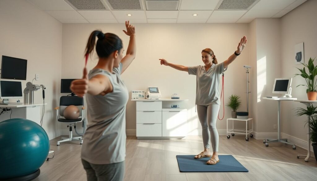 A well-lit clinical setting, with a physical therapist guiding a patient through a series of targeted exercises and movements to aid in their rehabilitation and recovery from an inner ear condition. The foreground features the therapist and patient performing stretches and balance exercises, using equipment like exercise balls and resistance bands. The middle ground shows various diagnostic tools and monitors, suggesting a science-based approach. The background depicts a soothing, calming environment with neutral tones, clean surfaces, and subtle natural elements, conveying a sense of professionalism and care. Soft, diffused lighting casts an atmosphere of therapeutic focus and patient comfort. The scene captures the essence of a structured, evidence-based physical therapy session aimed at addressing the complex challenges of tinnitus recovery. A well-lit clinical setting, with a physical therapist guiding a patient through a series of targeted exercises and movements to aid in their rehabilitation and recovery from an inner ear condition. The foreground features the therapist and patient performing stretches and balance exercises, using equipment like exercise balls and resistance bands. The middle ground shows various diagnostic tools and monitors, suggesting a science-based approach. The background depicts a soothing, calming environment with neutral tones, clean surfaces, and subtle natural elements, conveying a sense of professionalism and care. Soft, diffused lighting casts an atmosphere of therapeutic focus and patient comfort. The scene captures the essence of a structured, evidence-based physical therapy session aimed at addressing the complex challenges of tinnitus recovery.