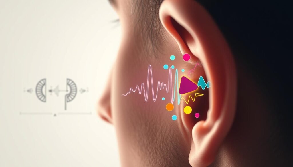 A well-lit, detailed illustration showcasing the common types of tinnitus or "耳鳴". In the foreground, a close-up view of the human ear, with subtle anatomical details visible. Within the ear, various colored waveforms and shapes depict the diverse auditory disturbances experienced by tinnitus sufferers - pulsing, ringing, buzzing, or whistling. The middle ground features a simplified, abstract diagram or visualization of the auditory system, highlighting the potential neurological origins of tinnitus. The background gently fades to a serene, neutral palette, conveying a sense of tranquility and focus on understanding this complex condition. A well-lit, detailed illustration showcasing the common types of tinnitus or "耳鳴". In the foreground, a close-up view of the human ear, with subtle anatomical details visible. Within the ear, various colored waveforms and shapes depict the diverse auditory disturbances experienced by tinnitus sufferers - pulsing, ringing, buzzing, or whistling. The middle ground features a simplified, abstract diagram or visualization of the auditory system, highlighting the potential neurological origins of tinnitus. The background gently fades to a serene, neutral palette, conveying a sense of tranquility and focus on understanding this complex condition.