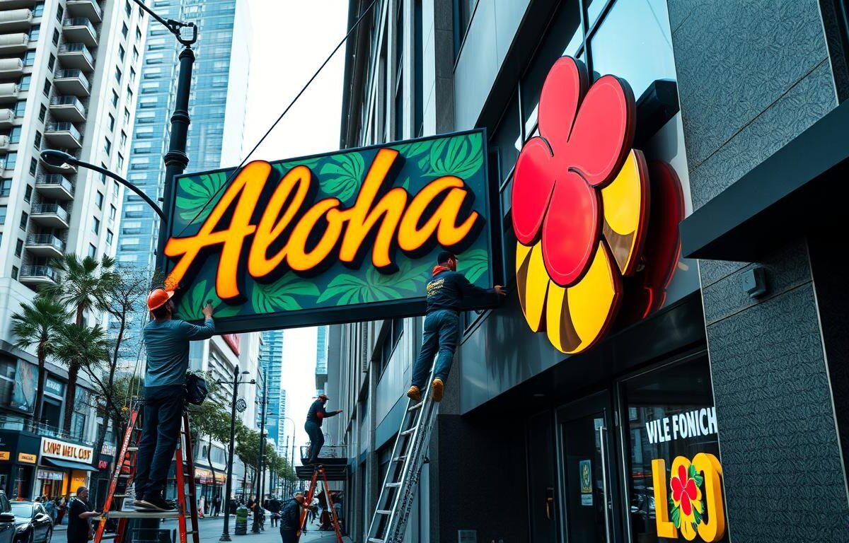 A well-lit, detailed scene of an Aloha brand advertising sign being professionally installed on a commercial building facade. The sign features a bold, eye-catching tropical design in vibrant colors. The installation crew carefully aligns the sign, using ladders and power tools to securely mount it. The foreground shows the sign's components and the installation process, while the middle ground depicts the building's architecture and surroundings. The background showcases the urban cityscape, with other businesses and passersby visible. The overall mood is one of precision, professionalism, and the pride of creating an impactful, high-quality outdoor advertisement.