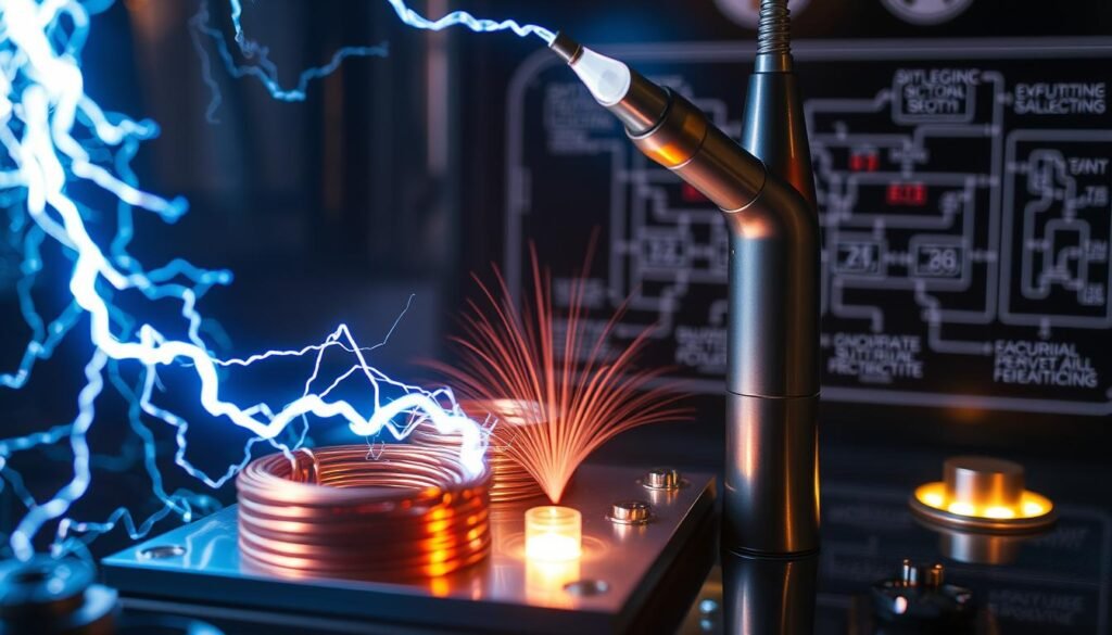 Dramatic high-voltage electrical current flowing through a complex circuit, with intricate copper coils and conductive metal plates in the foreground. In the middle ground, a Glowin' Beaute handheld probe device emits concentrated electromagnetic energy. The background reveals a schematic diagram illustrating the principles of high-frequency electrical current technology. Lighting is dramatic, with sharp contrasts and highlights, conveying a sense of technical sophistication and precision. The overall mood is one of scientific innovation and technological prowess. Dramatic high-voltage electrical current flowing through a complex circuit, with intricate copper coils and conductive metal plates in the foreground. In the middle ground, a Glowin' Beaute handheld probe device emits concentrated electromagnetic energy. The background reveals a schematic diagram illustrating the principles of high-frequency electrical current technology. Lighting is dramatic, with sharp contrasts and highlights, conveying a sense of technical sophistication and precision. The overall mood is one of scientific innovation and technological prowess.