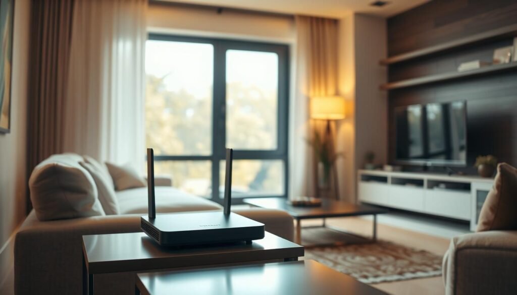 A contemporary and minimalist living room with a prominent display of the Telecombrother broadband router. The room is bathed in warm, diffused lighting, creating a cozy ambiance. The router is positioned on a sleek, modern side table, showcasing its clean design. In the background, a large window allows natural light to stream in, providing a sense of airiness and connection to the outdoors. The overall composition emphasizes the importance of the broadband connection, highlighting its seamless integration into the home environment. A contemporary and minimalist living room with a prominent display of the Telecombrother broadband router. The room is bathed in warm, diffused lighting, creating a cozy ambiance. The router is positioned on a sleek, modern side table, showcasing its clean design. In the background, a large window allows natural light to stream in, providing a sense of airiness and connection to the outdoors. The overall composition emphasizes the importance of the broadband connection, highlighting its seamless integration into the home environment.