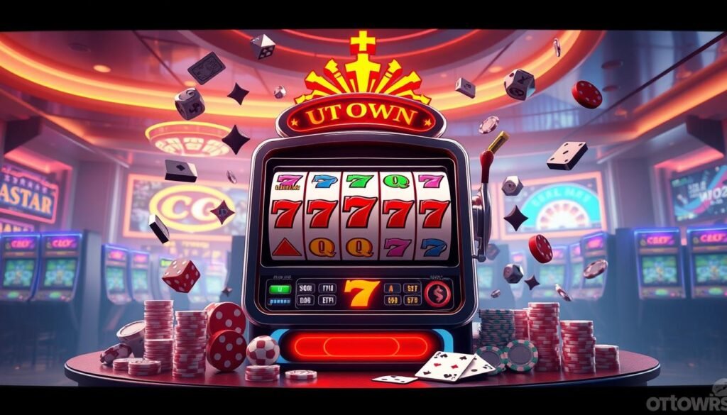A detailed illustration of common cg電子老虎機terms and concepts. Set in a sleek, modern UTown casino interior, the image depicts a central slot machine showcasing its key components - reels, symbols, paylines. Surrounding it are various other casino gaming elements like dice, chips, cards, and UI elements. The scene is bathed in a warm, inviting lighting, emphasizing the technical and visually-appealing nature of the cg slot machine experience. A detailed illustration of common cg電子老虎機terms and concepts. Set in a sleek, modern UTown casino interior, the image depicts a central slot machine showcasing its key components - reels, symbols, paylines. Surrounding it are various other casino gaming elements like dice, chips, cards, and UI elements. The scene is bathed in a warm, inviting lighting, emphasizing the technical and visually-appealing nature of the cg slot machine experience.