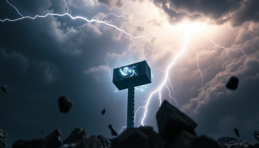 A dramatic bolt of lightning streaks across a dark, foreboding sky, illuminating the silhouette of the mythical Mjolnir hammer against a backdrop of swirling clouds. The hammer appears to be emanating a pulsating, otherworldly energy, casting an ethereal glow onto the scene. In the foreground, shards of rock and debris float ominously, as if suspended in time, hinting at the immense power of the Thor's legendary weapon. The image, captured with a cinematic wide-angle lens, evokes a sense of awe and mystery, perfectly encapsulating the "key signal" of the UTown "Thor's Hammer" gameplay experience.