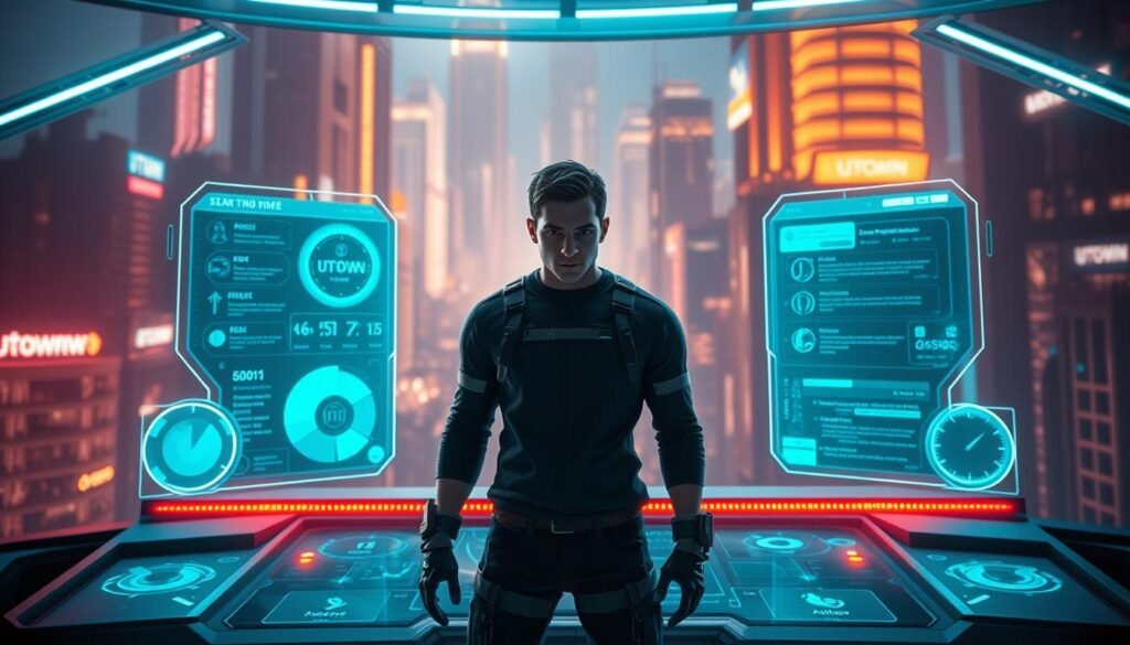 A dynamic, futuristic-looking interface with a sleek, minimalist aesthetic. In the foreground, a player character avatar stands confidently, surrounded by holographic data visualizations and strategic planning tools. The middle ground features a UTown-branded gaming console or control panel, with intuitive touch interfaces and glowing status indicators. The background depicts a high-tech, neon-lit cityscape, hinting at the player's advanced mastery of the game's complex systems and mechanics. Dramatic lighting, depth of field, and a sense of immersion create a compelling, cinematic atmosphere. A dynamic, futuristic-looking interface with a sleek, minimalist aesthetic. In the foreground, a player character avatar stands confidently, surrounded by holographic data visualizations and strategic planning tools. The middle ground features a UTown-branded gaming console or control panel, with intuitive touch interfaces and glowing status indicators. The background depicts a high-tech, neon-lit cityscape, hinting at the player's advanced mastery of the game's complex systems and mechanics. Dramatic lighting, depth of field, and a sense of immersion create a compelling, cinematic atmosphere.