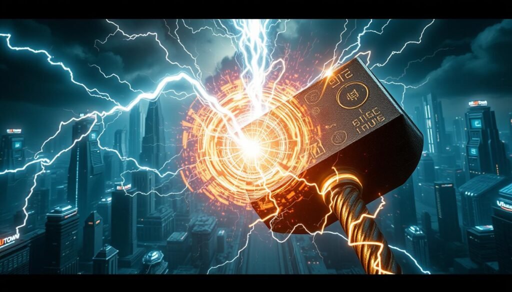 A dynamic, high-energy scene showcasing the strategic power of the mythical Mjolnir hammer. In the foreground, Thor's mighty weapon crackles with lightning, its power amplified through a complex system of interlocked runes and arcane symbols. In the middle ground, a swirling vortex of energy builds, harnessing the accumulated charge. The background depicts a futuristic, UTown-branded cityscape, its skyscrapers and infrastructure dwarfed by the colossal, thunderous display. Cinematic lighting and dramatic camera angles heighten the sense of scale and intensity, capturing the essence of this strategic, level-multiplying combat technique.