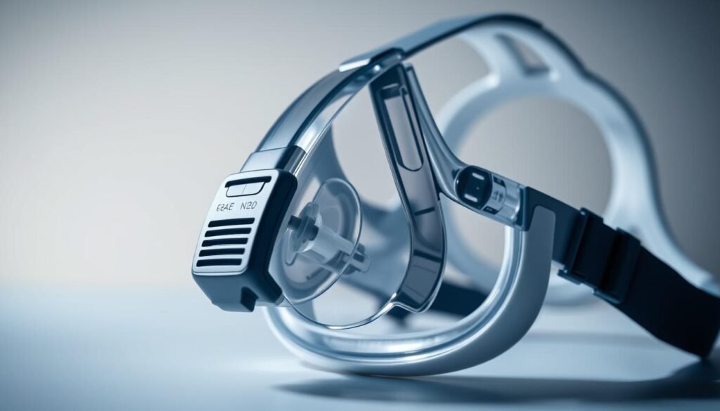 A high-quality close-up photograph of the ResMed AirTouch N30i CPAP mask, showcasing its intricate design and detailing. The mask is illuminated by soft, diffused lighting, emphasizing its smooth, velvety texture and sleek, modern aesthetic. The image captures the mask in a clean, minimalist setting, allowing the product to be the central focus. The angle and perspective provide a clear, unobstructed view of the mask's key features, including the cushion, frame, and headgear. This image is perfect for illustrating the disinfection process of the iCareCPAP CPAP machine's accessories. A high-quality close-up photograph of the ResMed AirTouch N30i CPAP mask, showcasing its intricate design and detailing. The mask is illuminated by soft, diffused lighting, emphasizing its smooth, velvety texture and sleek, modern aesthetic. The image captures the mask in a clean, minimalist setting, allowing the product to be the central focus. The angle and perspective provide a clear, unobstructed view of the mask's key features, including the cushion, frame, and headgear. This image is perfect for illustrating the disinfection process of the iCareCPAP CPAP machine's accessories.