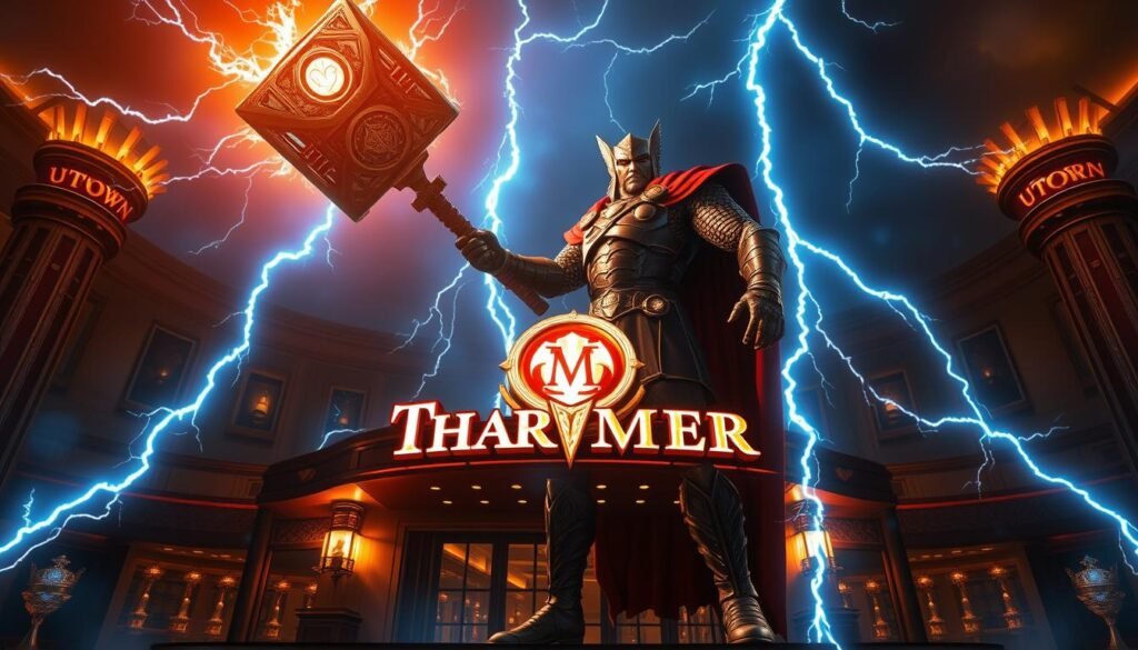 A majestic figure stands tall, wielding the iconic hammer of the mighty Thor, god of thunder. Bolts of lightning crackle around the UTown casino's grand entrance, illuminating the intricate details of the weapon's design. The scene exudes a sense of power and grandeur, inviting players to step into the realm of the Norse gods and experience the thrilling gameplay of "Thor's Hammer" at the UTown entertainment complex. Dramatic lighting casts dramatic shadows, creating a cinematic atmosphere that captures the essence of the game's immersive and visually stunning features. A majestic figure stands tall, wielding the iconic hammer of the mighty Thor, god of thunder. Bolts of lightning crackle around the UTown casino's grand entrance, illuminating the intricate details of the weapon's design. The scene exudes a sense of power and grandeur, inviting players to step into the realm of the Norse gods and experience the thrilling gameplay of "Thor's Hammer" at the UTown entertainment complex. Dramatic lighting casts dramatic shadows, creating a cinematic atmosphere that captures the essence of the game's immersive and visually stunning features.