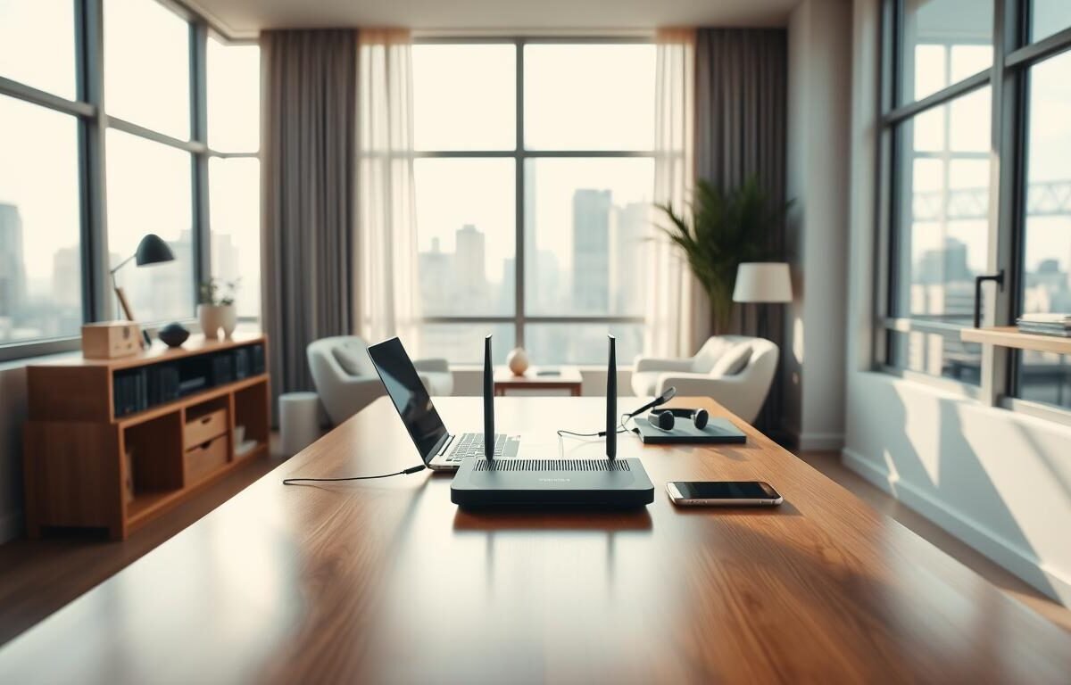 A modern, minimalist home office featuring a sleek wooden desk with a Telecombrother router, surrounded by large windows allowing natural light to flood the space. The room has a warm, inviting ambiance created by soft, indirect lighting and contemporary decor elements. In the foreground, a laptop and smartphone sit on the desk, symbolizing the seamless home broadband experience. The mid-ground showcases various lifestyle accessories, hinting at the flexibility and convenience of the "free relocation fee" broadband offer. The background reveals a panoramic city skyline, emphasizing the urban, connected setting. The overall composition conveys a sense of productivity, efficiency, and the effortless integration of high-speed internet into the modern home.