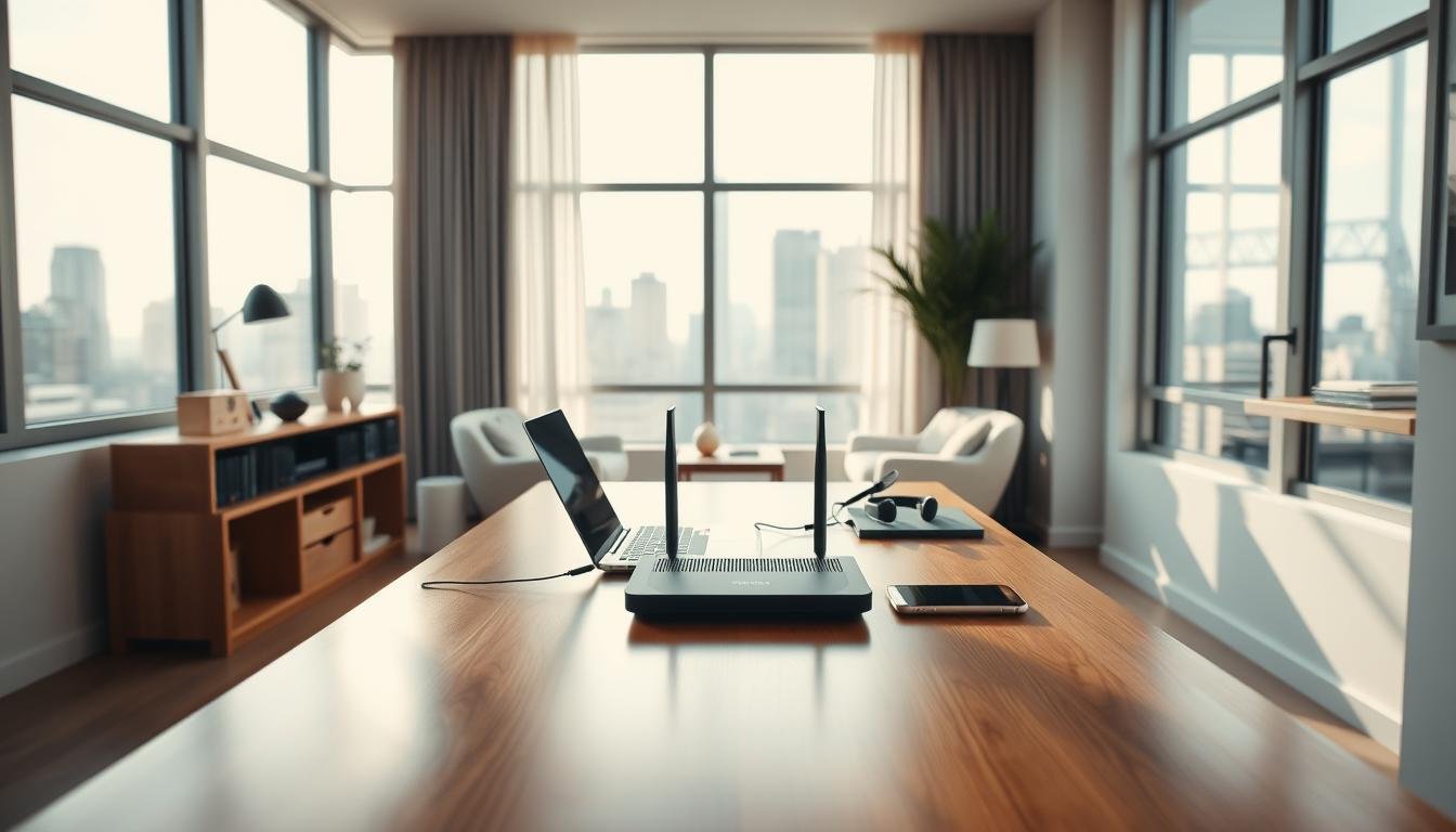 A modern, minimalist home office featuring a sleek wooden desk with a Telecombrother router, surrounded by large windows allowing natural light to flood the space. The room has a warm, inviting ambiance created by soft, indirect lighting and contemporary decor elements. In the foreground, a laptop and smartphone sit on the desk, symbolizing the seamless home broadband experience. The mid-ground showcases various lifestyle accessories, hinting at the flexibility and convenience of the "free relocation fee" broadband offer. The background reveals a panoramic city skyline, emphasizing the urban, connected setting. The overall composition conveys a sense of productivity, efficiency, and the effortless integration of high-speed internet into the modern home.