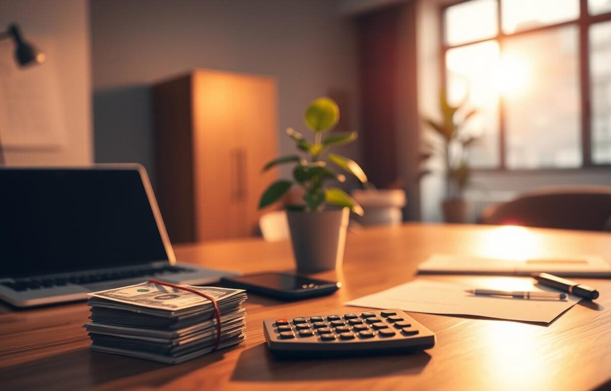 A modern office desk with a laptop, pen, and papers, illuminated by warm, diffused lighting. In the foreground, a stack of cash and a calculator symbolize the concept of "小額信貸" or small loans. The middle ground features a potted plant, suggesting the growth and nurturing aspect of entrepreneurship. The background showcases a clean, minimalist interior with a large window, hinting at the potential and opportunities that small loans can unlock for aspiring entrepreneurs.