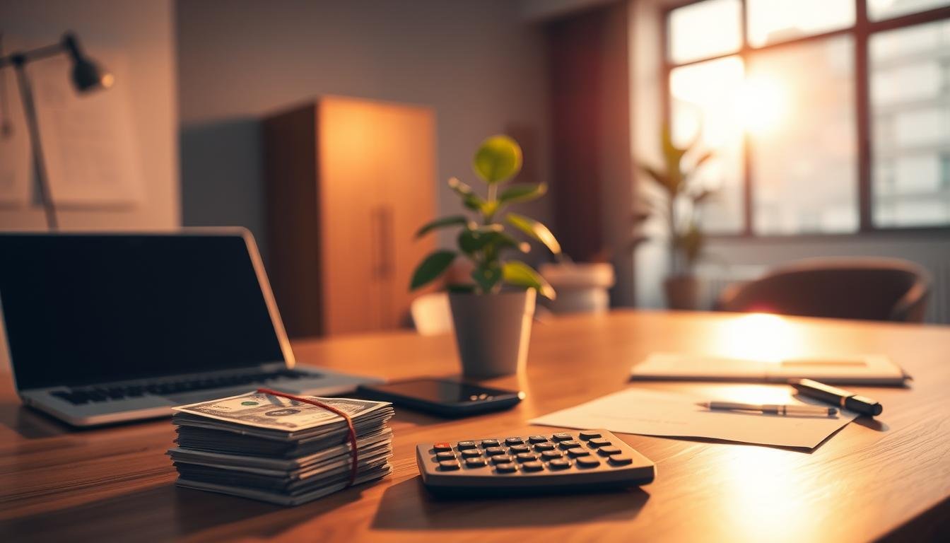 A modern office desk with a laptop, pen, and papers, illuminated by warm, diffused lighting. In the foreground, a stack of cash and a calculator symbolize the concept of "小額信貸" or small loans. The middle ground features a potted plant, suggesting the growth and nurturing aspect of entrepreneurship. The background showcases a clean, minimalist interior with a large window, hinting at the potential and opportunities that small loans can unlock for aspiring entrepreneurs.