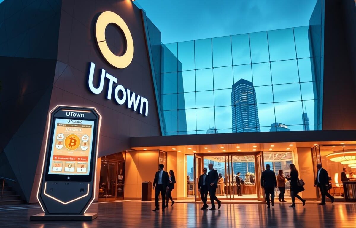 A modern, sleek casino with the UTown brand prominently displayed on the facade. The building has a futuristic, geometric design with sharp angles and clean lines. The entrance is illuminated by soft, ambient lighting, creating an inviting and sophisticated atmosphere. In the foreground, a futuristic-looking cryptocurrency payment terminal stands, showcasing the casino's advanced digital currency integration. The middle ground features well-dressed patrons entering the casino, conveying a sense of exclusivity and high-end clientele. The background depicts a bustling city skyline, suggesting the casino's urban, metropolitan setting. The overall image exudes a sense of technological innovation, luxury, and the convergence of traditional gambling and cryptocurrency systems.