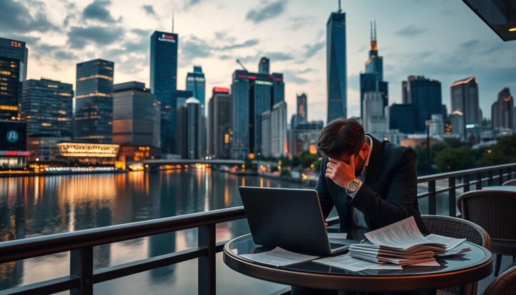 A modern urban cityscape at dusk, with skyscrapers and neon lights reflected in a tranquil river. In the foreground, a business person sits at a cafe table, contemplating financial documents and a laptop, symbolizing the strategic use of small business loans to fund a new venture. The scene conveys a sense of entrepreneurial ambition and cautious optimism, with the city's energy and resources as the backdrop for this important financial decision. A modern urban cityscape at dusk, with skyscrapers and neon lights reflected in a tranquil river. In the foreground, a business person sits at a cafe table, contemplating financial documents and a laptop, symbolizing the strategic use of small business loans to fund a new venture. The scene conveys a sense of entrepreneurial ambition and cautious optimism, with the city's energy and resources as the backdrop for this important financial decision.