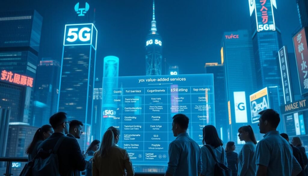 A neon-lit cityscape at night, with the Telecombrother 5G logo prominently displayed on a high-rise tower. In the foreground, a group of young urban professionals engage in a lively discussion, surrounded by glowing holographic data visualizations. The middle ground features a dynamic comparison chart showcasing the various 5G value-added services, presented in a sleek, minimalist style. The background is a dazzling array of skyscrapers and neon signs, evoking the energy and innovation of the modern digital age. The lighting is a cool, futuristic palette, casting a subtle glow over the entire scene. The camera angle is slightly elevated, giving a sense of scale and grandeur to the composition. A neon-lit cityscape at night, with the Telecombrother 5G logo prominently displayed on a high-rise tower. In the foreground, a group of young urban professionals engage in a lively discussion, surrounded by glowing holographic data visualizations. The middle ground features a dynamic comparison chart showcasing the various 5G value-added services, presented in a sleek, minimalist style. The background is a dazzling array of skyscrapers and neon signs, evoking the energy and innovation of the modern digital age. The lighting is a cool, futuristic palette, casting a subtle glow over the entire scene. The camera angle is slightly elevated, giving a sense of scale and grandeur to the composition.