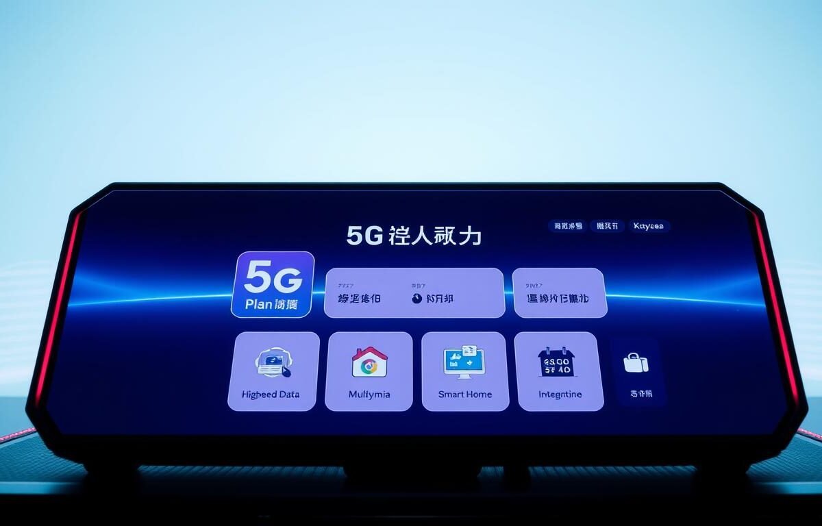 A sleek and futuristic 5G telecom plan interface displayed on a high-tech Telecombrother device. The foreground showcases the "5G Plan增值服務" menu with a clean, minimalist design and vibrant iconography. The middle ground features various service options like high-speed data, multimedia streaming, and smart home integration, all presented in a streamlined, user-friendly layout. The background has a subtle, gradient-based pattern with a soft, azure-toned color palette, evoking a sense of technological advancement and connectivity. Crisp lighting and a slightly low camera angle create a striking, modern aesthetic that highlights the plan's comprehensive offering and Telecombrother's innovative 5G capabilities.
