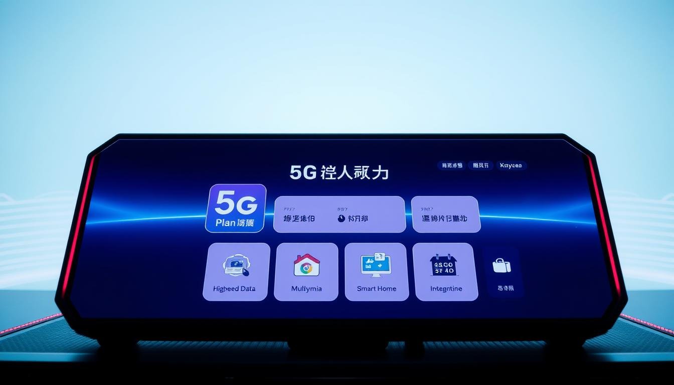 A sleek and futuristic 5G telecom plan interface displayed on a high-tech Telecombrother device. The foreground showcases the "5G Plan增值服務" menu with a clean, minimalist design and vibrant iconography. The middle ground features various service options like high-speed data, multimedia streaming, and smart home integration, all presented in a streamlined, user-friendly layout. The background has a subtle, gradient-based pattern with a soft, azure-toned color palette, evoking a sense of technological advancement and connectivity. Crisp lighting and a slightly low camera angle create a striking, modern aesthetic that highlights the plan's comprehensive offering and Telecombrother's innovative 5G capabilities.