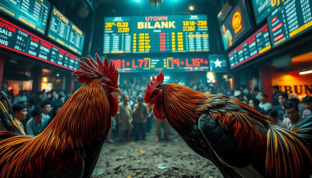 A vibrant scene depicting the intricate world of cock fighting betting in the Philippines. In the foreground, two roosters face off, their feathers shimmering under the bright lights of the UTown betting arena. The middle ground showcases a bustling crowd, their faces a mix of anticipation and concentration as they place their wagers. In the background, a series of screens display live odds and statistics, providing a sense of the data-driven risk management that underlies this high-stakes sport. The overall atmosphere is one of excitement and tension, with a hint of the potential dangers of unchecked gambling.