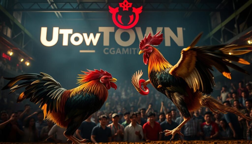 A vivid, dynamic cockfighting arena in the Philippines, with the iconic UTown logo prominently displayed. In the foreground, two fierce gamecocks engage in a fierce battle, their colorful feathers and sharp talons clashing in a dazzling display of strength and agility. The middle ground is filled with a crowd of spectators, their faces alight with excitement and anticipation. The background features a dimly lit, industrial setting, adding a sense of grit and intensity to the scene. Dramatic lighting casts dramatic shadows, heightening the drama and tension of the event. The overall atmosphere is one of adrenaline-fueled excitement and the thrill of high-stakes gambling.