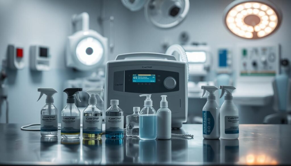 A well-lit medical setting, a pristine iCareCPAP sleep apnea machine resting on a sterile stainless steel surface. The device's sleek design and digital display emit a soft, ambient glow, casting gentle shadows across the scene. In the foreground, cleaning supplies and disinfectant solutions are meticulously arranged, suggesting the thorough sanitization process. The middle ground features a serene, clinical atmosphere, with subtle hints of medical equipment in the background, emphasizing the importance of proper hygiene and maintenance for this essential healthcare device. An atmosphere of professionalism and attention to detail pervades the image, reflecting the care and diligence required for the safe and effective disinfection of sleep apnea machines. A well-lit medical setting, a pristine iCareCPAP sleep apnea machine resting on a sterile stainless steel surface. The device's sleek design and digital display emit a soft, ambient glow, casting gentle shadows across the scene. In the foreground, cleaning supplies and disinfectant solutions are meticulously arranged, suggesting the thorough sanitization process. The middle ground features a serene, clinical atmosphere, with subtle hints of medical equipment in the background, emphasizing the importance of proper hygiene and maintenance for this essential healthcare device. An atmosphere of professionalism and attention to detail pervades the image, reflecting the care and diligence required for the safe and effective disinfection of sleep apnea machines.