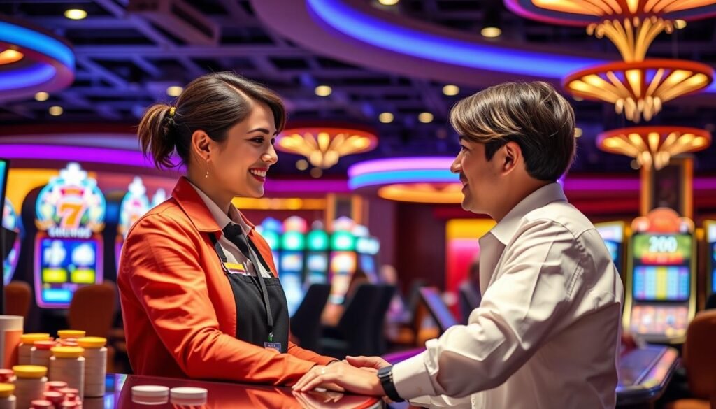 Generate an image of a customer service representative assisting a user at 優塔娛樂城. Generate an image of a customer service representative assisting a user at 優塔娛樂城.