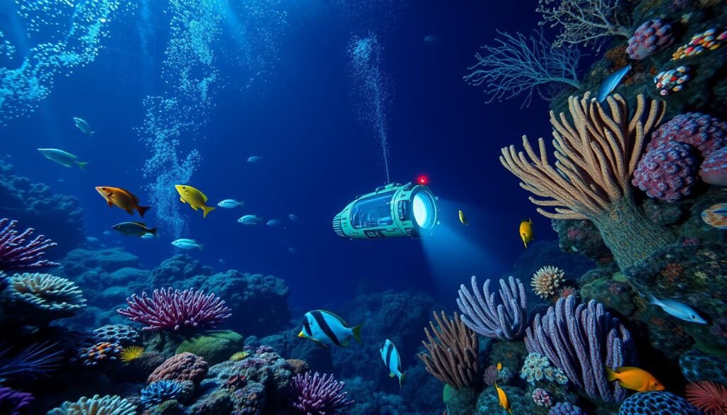 生成一幅深海探險的場景圖 生成一幅深海探險的場景圖