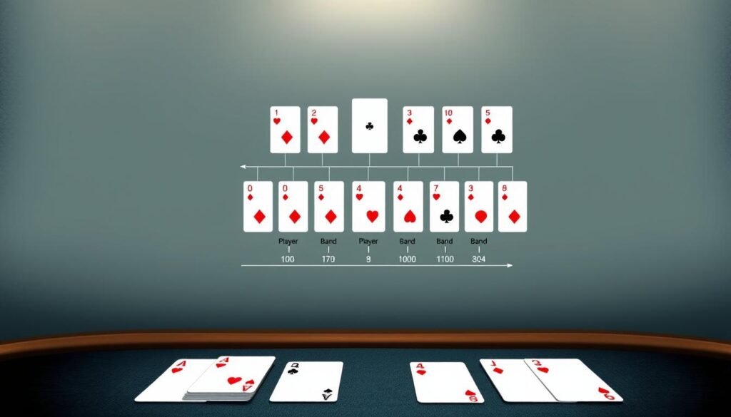A detailed illustration of the Baccarat card dealing rules, showcasing the precise card drawing mechanics in a stylized, technical diagram. The foreground depicts a minimalist table layout with player and banker hand cards arranged neatly. The middle ground features a clean, schematic representation of the Baccarat rules, with card values and hand totals clearly displayed. The background subtly evokes a casino atmosphere, with soft lighting and subtle textures suggestive of felt, wood, and polished surfaces. The overall aesthetic strikes a balance between informative precision and visually striking design, creating an image that effectively communicates the intricacies of the Baccarat card drawing system.