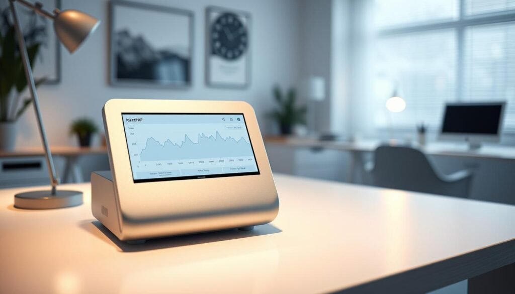 A serene, minimalist workspace with a sleek, silver iCareCPAP machine prominently displayed on a clean, white desk. The machine's display shows a graph of sleep data, with crisp, clear lines and metrics. Soft, ambient lighting illuminates the scene, creating a calming, professional atmosphere. The background features a blurred, out-of-focus view of a modern, well-appointed home office, hinting at the machine's integration into the user's daily life. The composition emphasizes the importance of the data download process, showcasing the iCareCPAP machine as the focal point of the image.