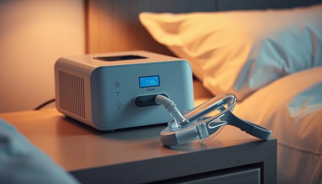 A sleek, modern iCareCPAP device on a minimalist bedside table, illuminated by soft, warm lighting. The machine has a clean, minimalist design with intuitive controls and a discreet display. The device is accompanied by a comfortable, high-quality nasal mask resting on the table, suggesting ease of use and patient comfort. The scene conveys a sense of tranquility and efficiency, reflecting the basic functionality and versatility of this sleep apnea treatment solution.