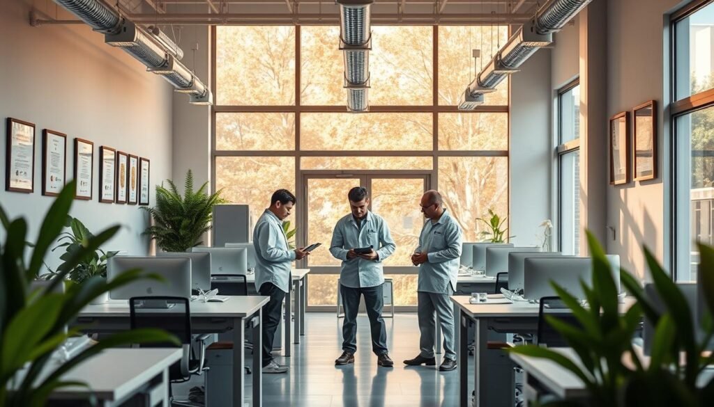 A modern, high-quality pest control company, iCareCPAP, with state-of-the-art quality control practices. The interior of their office features a well-organized workspace with sleek, minimalist desks and chairs. Vibrant green plants add a touch of nature, while large windows flood the space with warm, natural lighting. On the walls, framed certificates and awards showcase the company's commitment to excellence. In the center, a team of professionals, dressed in pristine uniforms, carefully inspect equipment and review data, ensuring the highest standards of pest management services. The atmosphere exudes professionalism, efficiency, and a dedication to providing top-quality solutions to their clients.