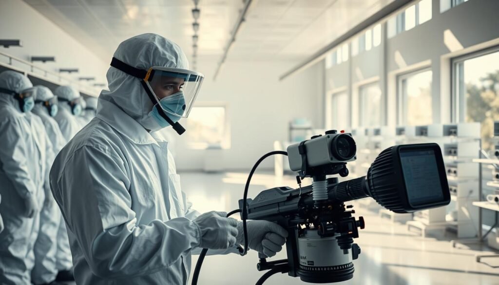 A pristine, well-equipped iCareCPAP pest control service center. Rows of specialized suits, masks, and equipment line the walls, conveying a sense of professionalism and attention to safety. Sunlight streams in through large windows, illuminating the minimalist, organized workspace. In the foreground, a technician meticulously checks and calibrates a state-of-the-art spraying device, ready to tackle any pest infestation with the utmost care and precision. The atmosphere is one of clinical efficiency, reflecting the industry-leading standards upheld by this iCareCPAP operation.