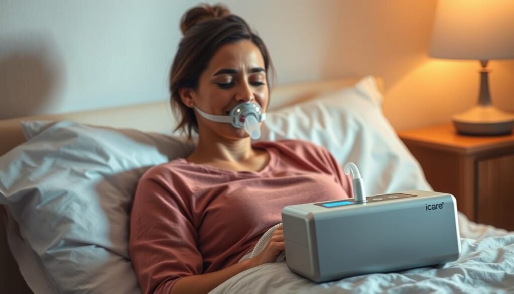 A serene and calming scene of a person using an iCareCPAP sleep apnea machine in a cozy bedroom environment. Soft, diffused lighting creates a warm, relaxing atmosphere. The machine is prominently featured, with its sleek, modern design complementing the bedside table and plush bedding. The person's face is peaceful and content, suggesting the device is effectively improving their sleep quality and overall well-being. The background features soothing, neutral tones and subtle textures, drawing the viewer's focus to the central subject. The composition conveys a sense of balance, comfort, and the positive impact of the iCareCPAP sleep apnea machine on the person's quality of life. A serene and calming scene of a person using an iCareCPAP sleep apnea machine in a cozy bedroom environment. Soft, diffused lighting creates a warm, relaxing atmosphere. The machine is prominently featured, with its sleek, modern design complementing the bedside table and plush bedding. The person's face is peaceful and content, suggesting the device is effectively improving their sleep quality and overall well-being. The background features soothing, neutral tones and subtle textures, drawing the viewer's focus to the central subject. The composition conveys a sense of balance, comfort, and the positive impact of the iCareCPAP sleep apnea machine on the person's quality of life.