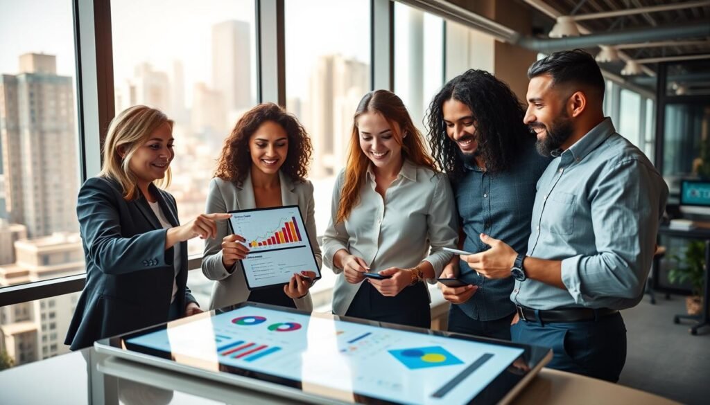 A vibrant and modern office setting showcasing a team collaborating on "LINE LAP" advertising strategies. In the foreground, a diverse group of three professionals, two women and one man, are engaged in a brainstorming session over a digital tablet displaying colorful graphs and marketing data. The woman on the left, wearing a smart blazer, is pointing at the screen, while the man, dressed in a casual yet professional shirt, takes notes. In the background, a large window reveals a bustling cityscape, with natural sunlight illuminating the space, creating a warm and inspiring atmosphere. The overall mood is dynamic and focused, emphasizing teamwork and innovation in advertising strategies. Use a slightly elevated angle to capture both the team and the city view.