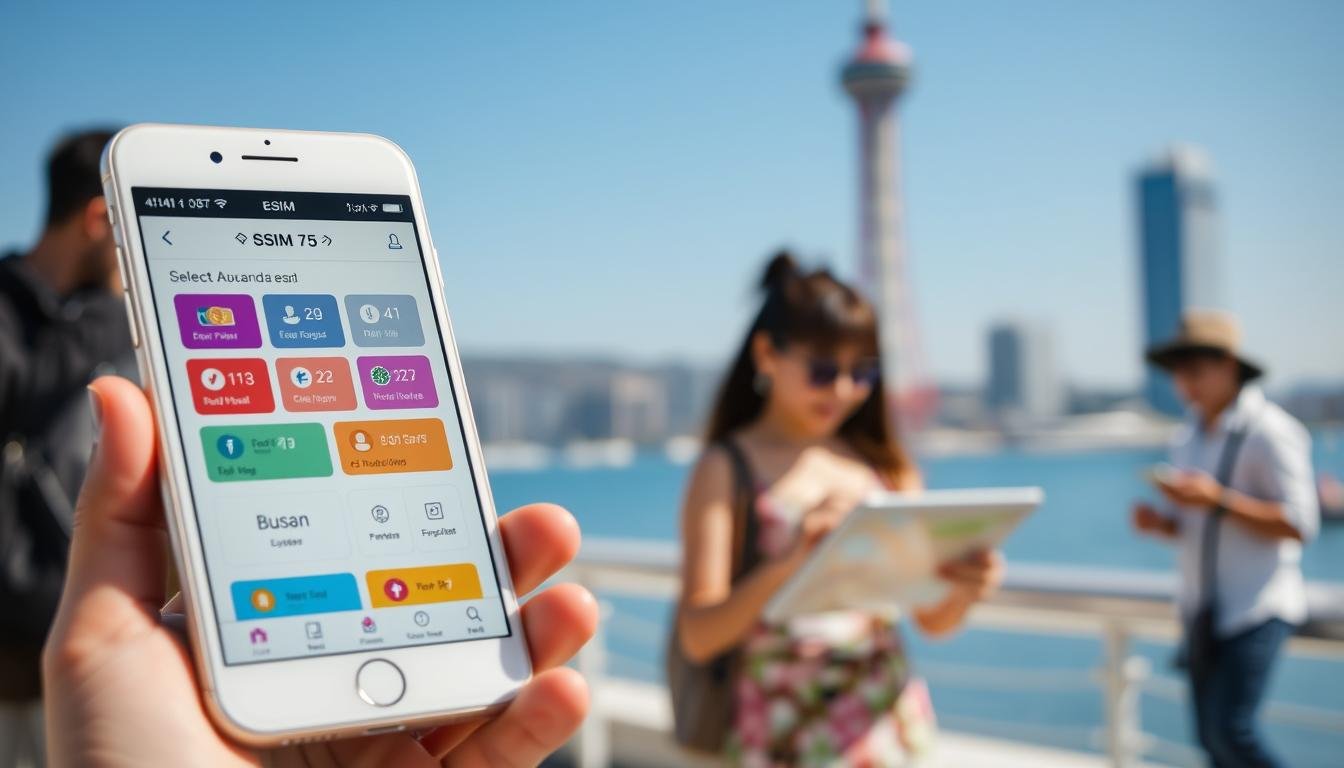 A visually engaging guide on selecting a reliable eSIM for travel in Korea, particularly focusing on Busan. In the foreground, display a modern smartphone with a colorful eSIM interface open, showing various options. In the middle ground, include a blurred image of a tourist browsing through a map and using a tablet, highlighting the seamless connectivity. The background features iconic Busan landmarks like the Busan Tower and Haeundae Beach, under a bright blue sky. The scene should have bright, natural lighting to evoke a cheerful and inviting atmosphere, captured from a slightly elevated angle to create depth. Aim for a vibrant and informative representation that aids travelers in making informed decisions on their eSIM choice.