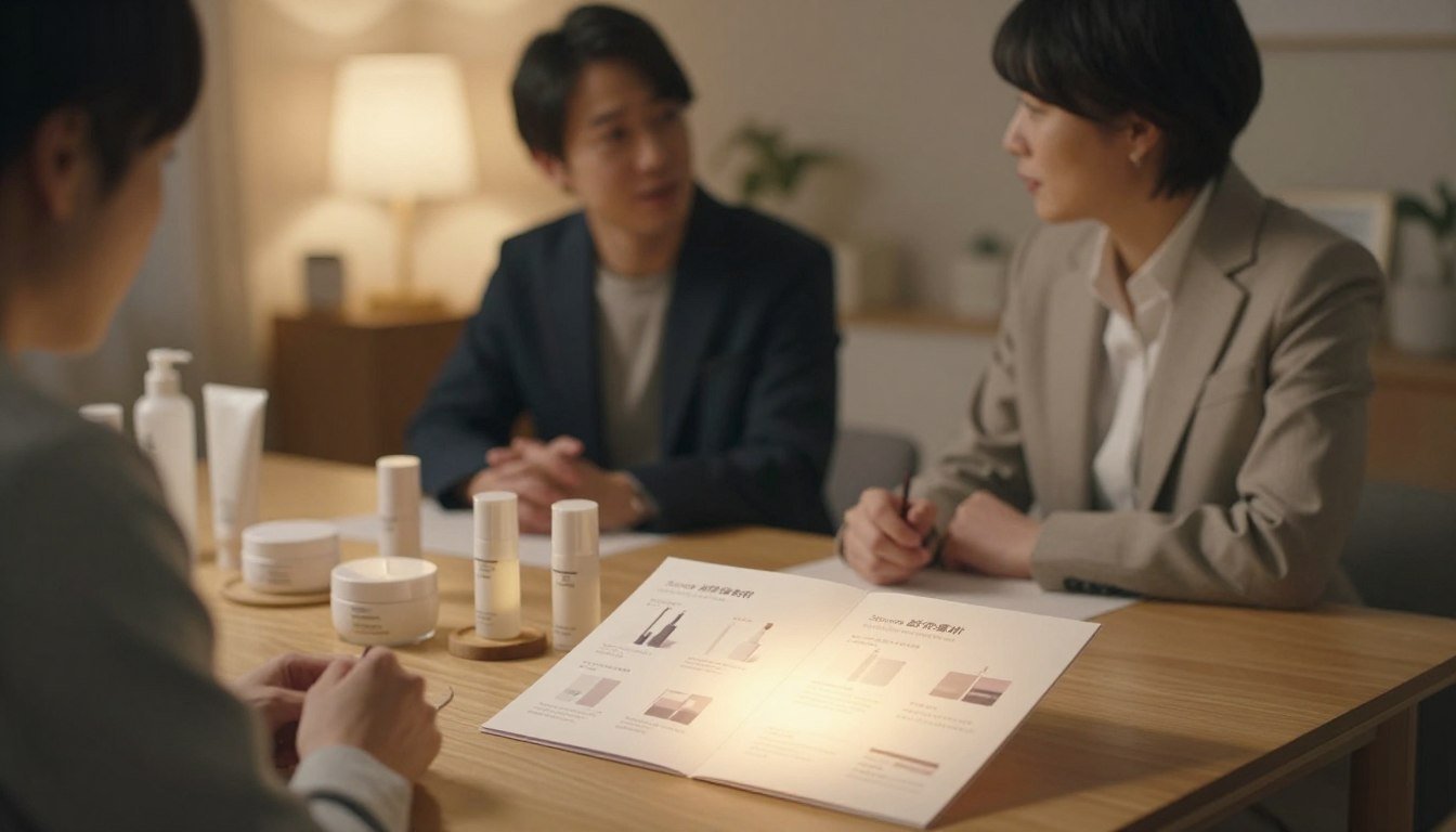 A cozy and intimate setting focusing on a stylishly arranged table displaying various Sagami products that cater to different personal needs. In the foreground, present an elegant pamphlet with a soft glow, illustrating the guides for product selection, surrounded by soft ambient lighting that gives a warm, romantic vibe. The middle layer should feature a couple dressed in professional business attire, engaged in a thoughtful discussion about the products. The background should depict a softly blurred cozy room with gentle lighting, enhancing the warm atmosphere. The overall mood is inviting and informative, designed to resonate with individuals seeking to make informed choices about Sagami products. Capture this scene in a cinematic 4:3 aspect ratio.