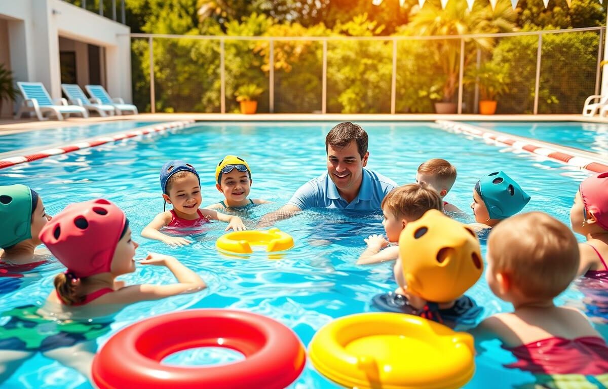 A vibrant swimming pool scene with children between ages 5 to 8 engaged in basic swimming skills training. In the foreground, a diverse group of children, wearing modest swimwear and brightly colored swim caps, practice floating and kicking under the watchful eye of a certified instructor. The instructor, dressed in a professional polo shirt and shorts, demonstrates correct techniques, showcasing a friendly and encouraging demeanor. In the middle ground, several colorful pool toys and floating aids are arranged, emphasizing a playful learning environment. The background features a sun-drenched outdoor pool area with clear blue water and lush greenery, creating a cheerful atmosphere. Soft, warm lighting enhances the scene, evoking a sense of fun and safety, highlighting the joy of learning essential swimming skills.