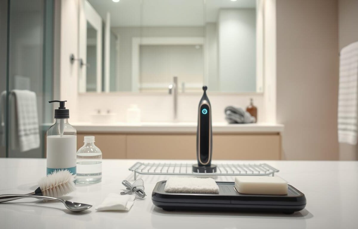 A clean and organized workspace featuring a modern electric male masturbation device cleaning kit, prominently displayed in the foreground. The kit includes various cleaning tools such as a soft brush, cleaning solution, and drying racks, all neatly arranged. In the middle ground, a sleek, high-tech electric device is shown, highlighting its advanced features with subtle glowing lights. The background reveals a well-lit, minimalist bathroom setting with polished surfaces and calming colors, suggesting a sense of hygiene and care. Use soft, diffused lighting to create a welcoming atmosphere, and shoot from a slightly elevated angle to capture all elements distinctly. The overall mood is professional and informative, suitable for demonstrating best practices in maintenance and care for personal devices.